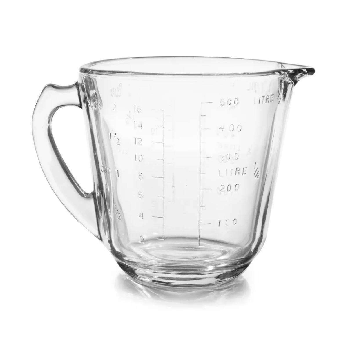 Taza medidora grande de vidrio Pro Chef de 500 ml con marcas grabadas, ideal para medir líquidos calientes o fríos.