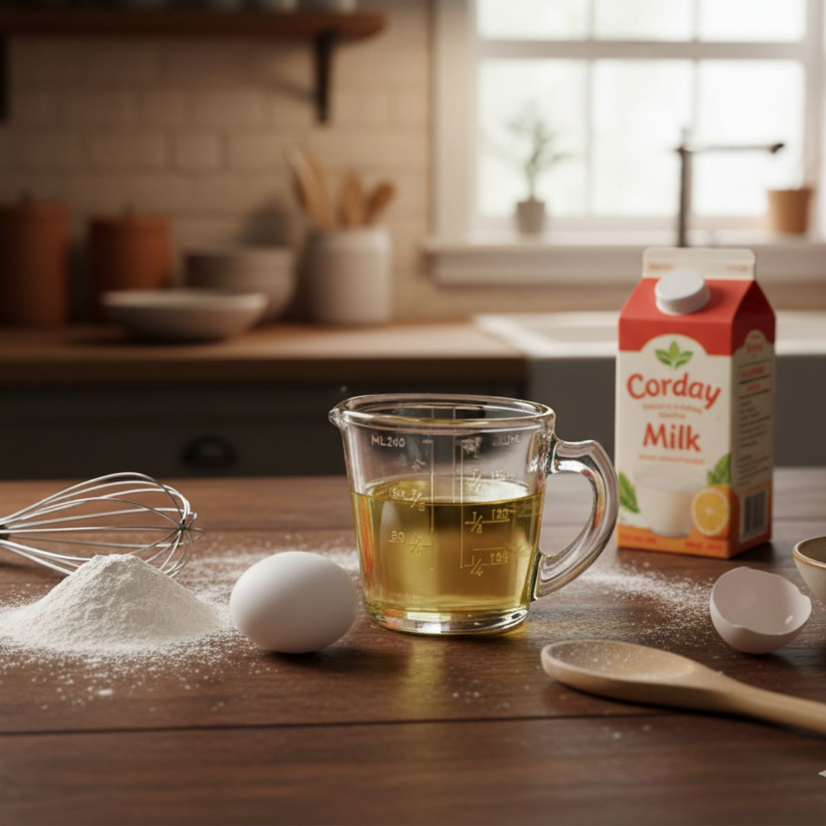 Taza medidora de vidrio Pro Chef con marcas claras, ideal para medir líquidos en la cocina o repostería.