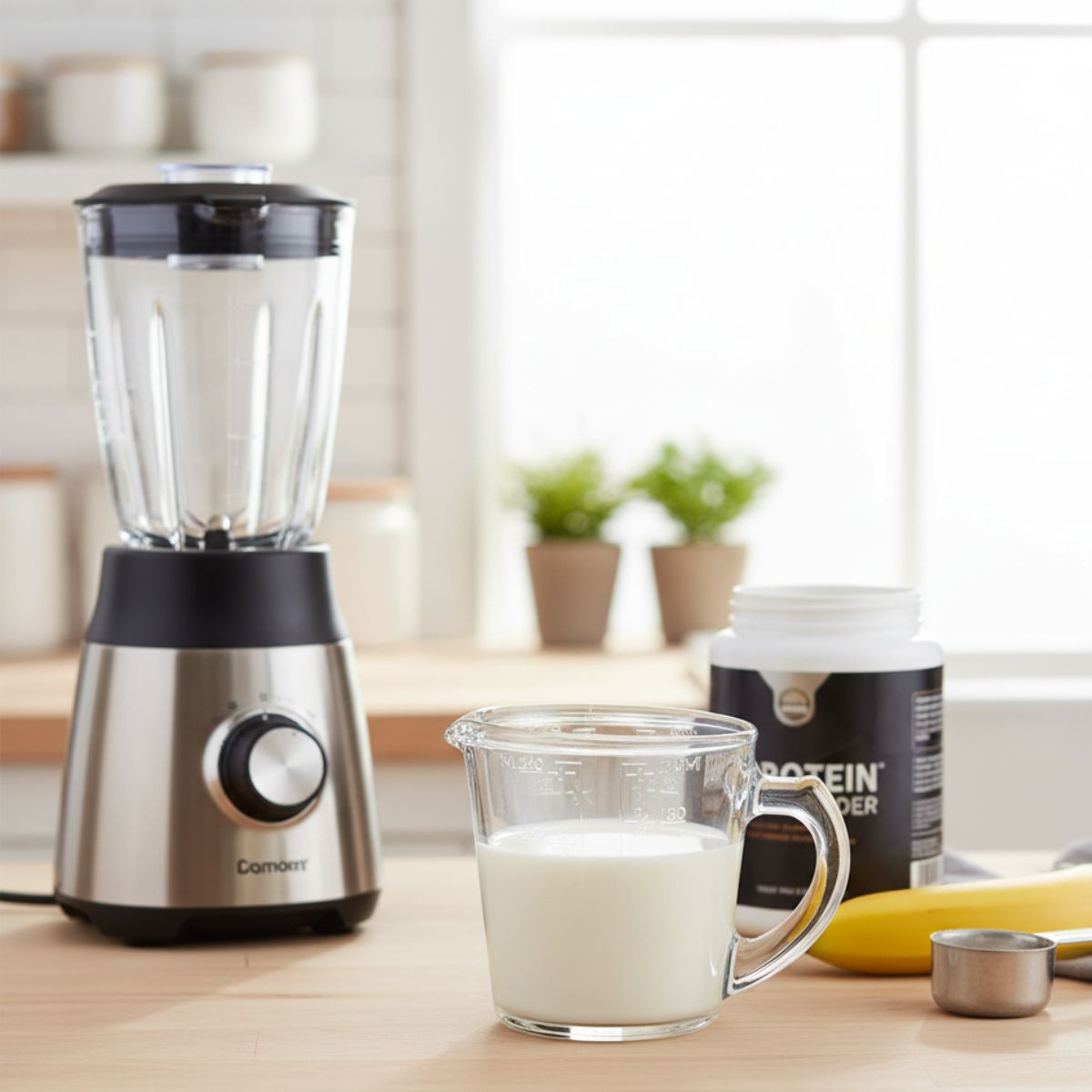 Taza medidora de vidrio Pro Chef con leche junto a licuadora y proteína en polvo, perfecta para batidos.