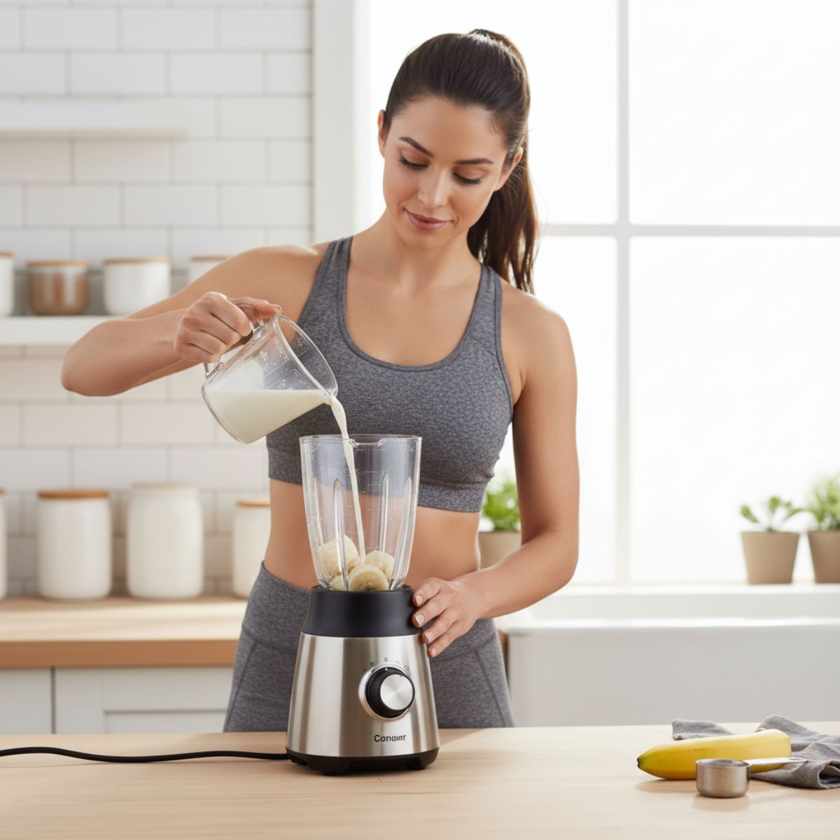 Persona preparando un batido saludable con la taza medidora de vidrio Pro Chef y una licuadora.