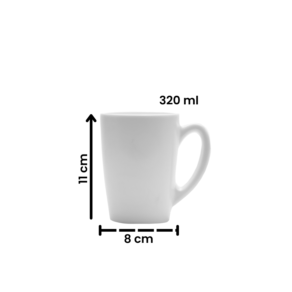 Taza de opal blanca Morning de 320 ml con medidas visibles, diseño simple y elegante perfecta para bebidas calientes.