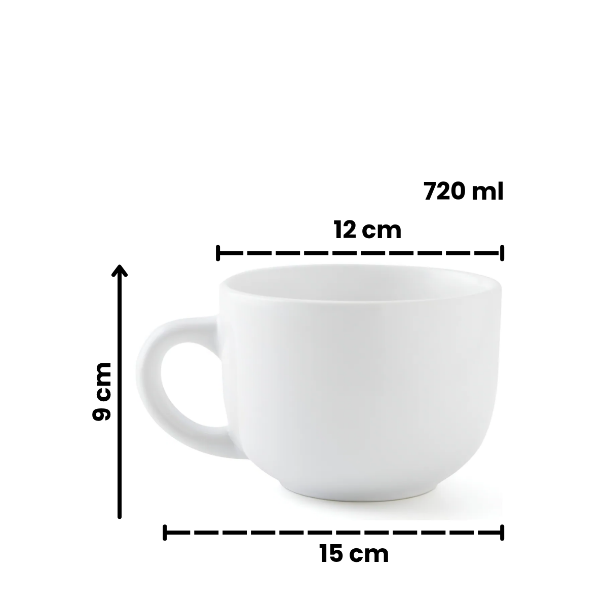 Taza de opal blanco de 720 ml con medidas 9 cm de alto y 12 cm de diámetro.