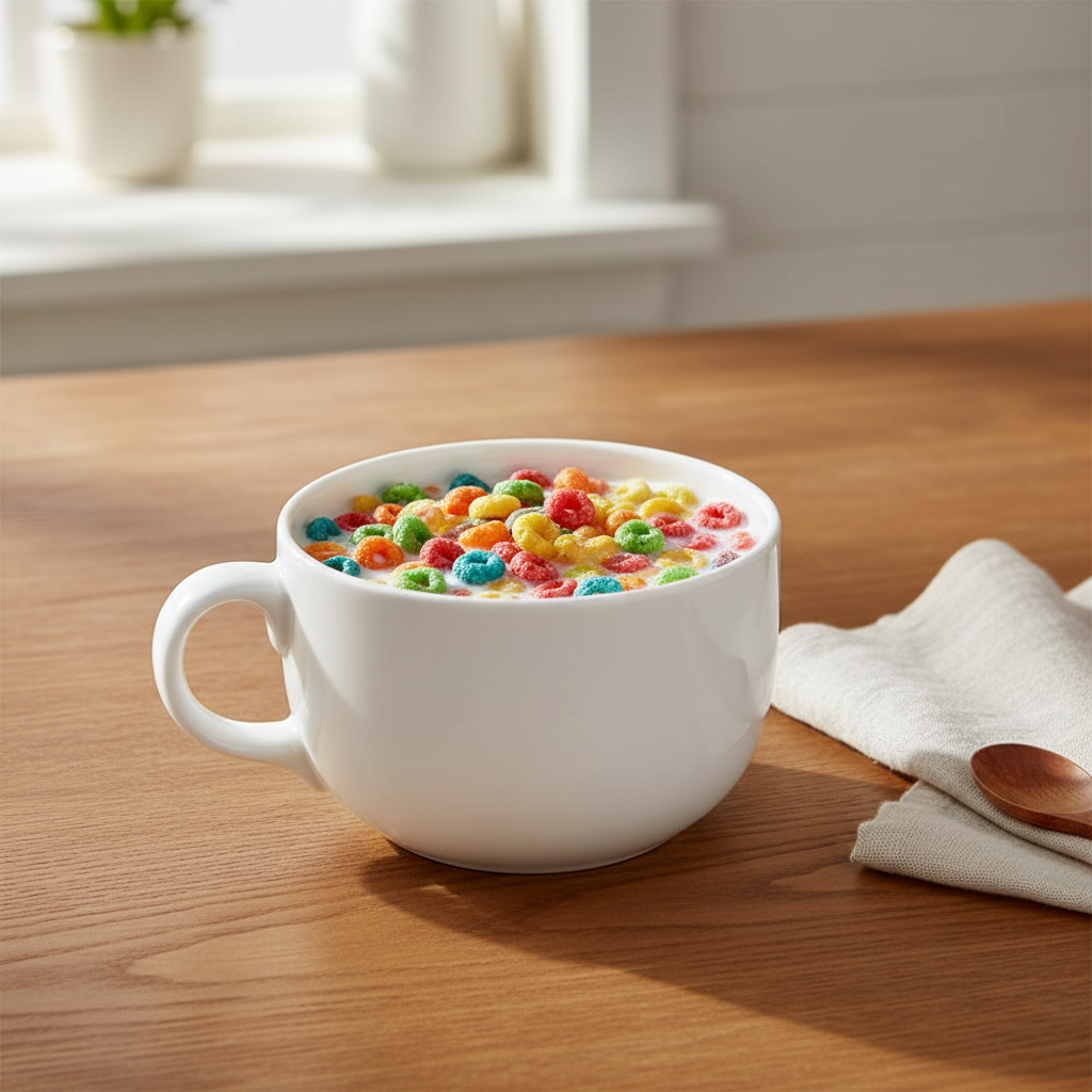 Taza jumbo blanca con cereal de colores y leche, ideal para desayunos completos.
