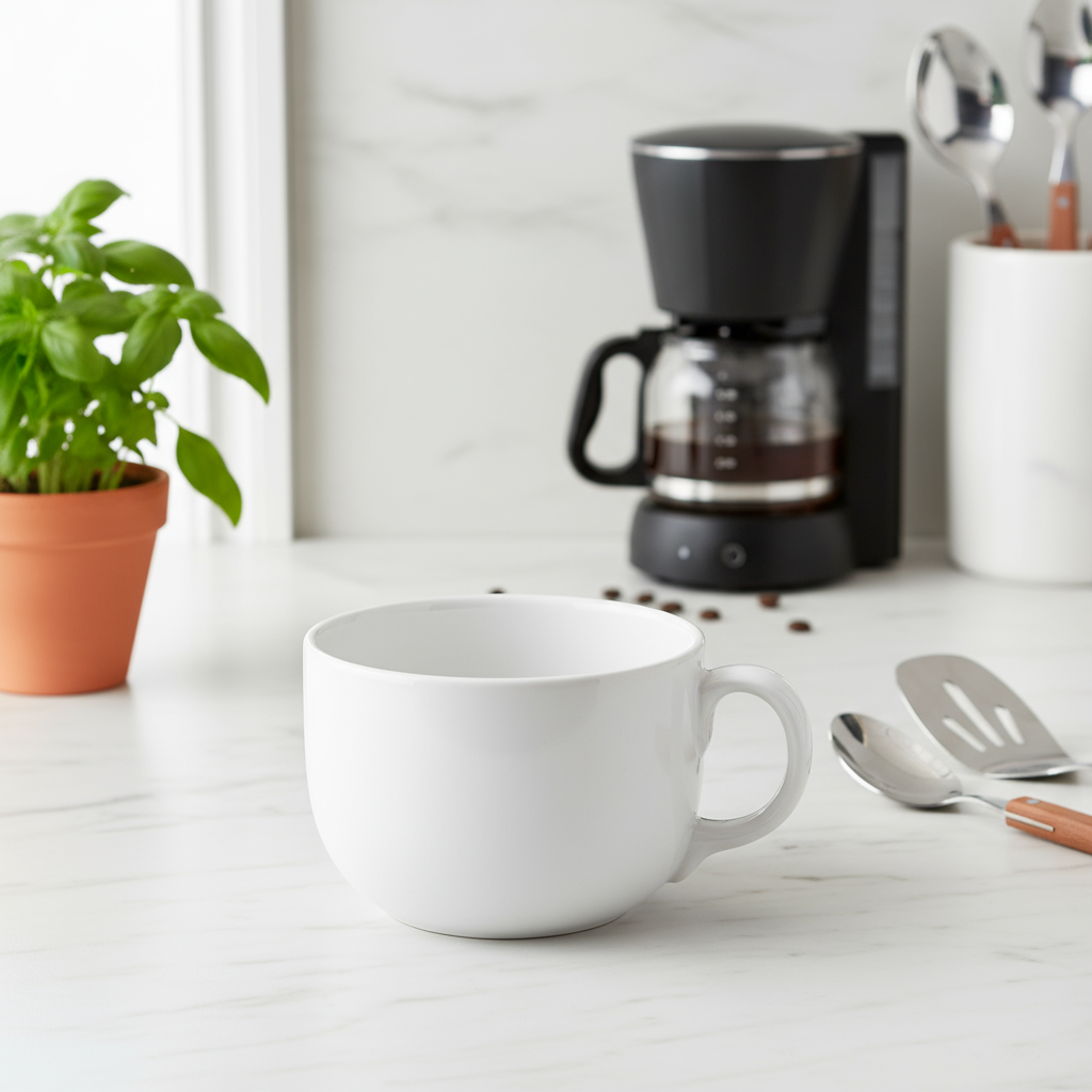 Taza blanca jumbo en cocina moderna junto a cafetera y utensilios.