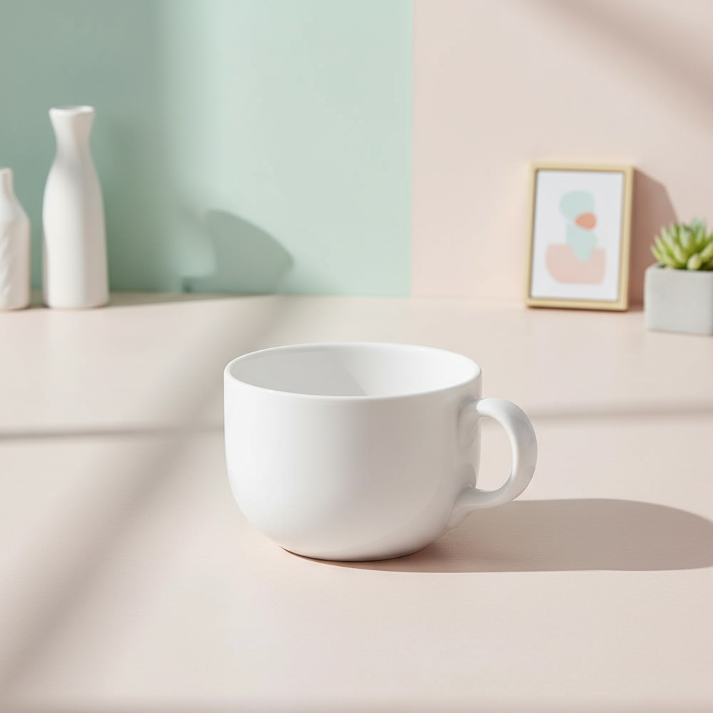 Taza jumbo blanca de opal sobre fondo minimalista pastel, diseño limpio y moderno.
