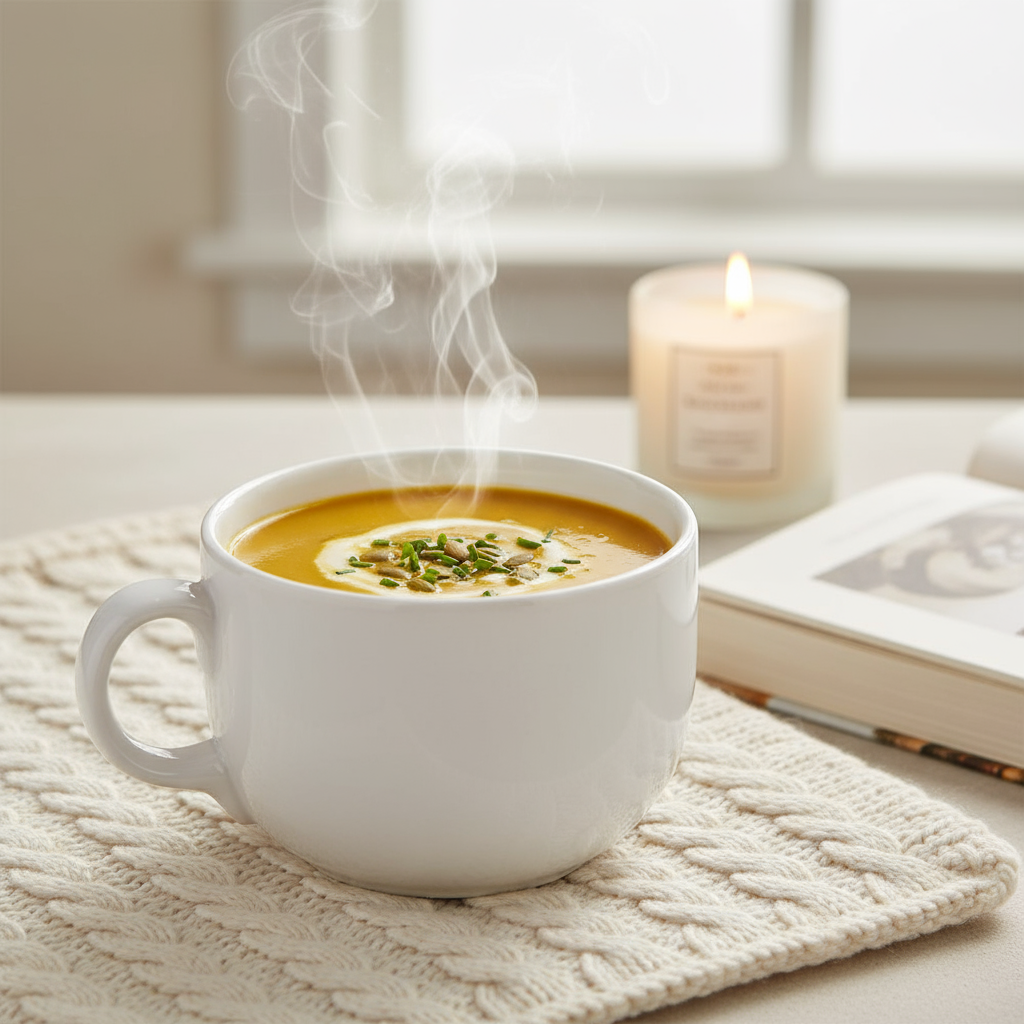 Taza blanca jumbo con sopa caliente, perfecta para comidas reconfortantes.