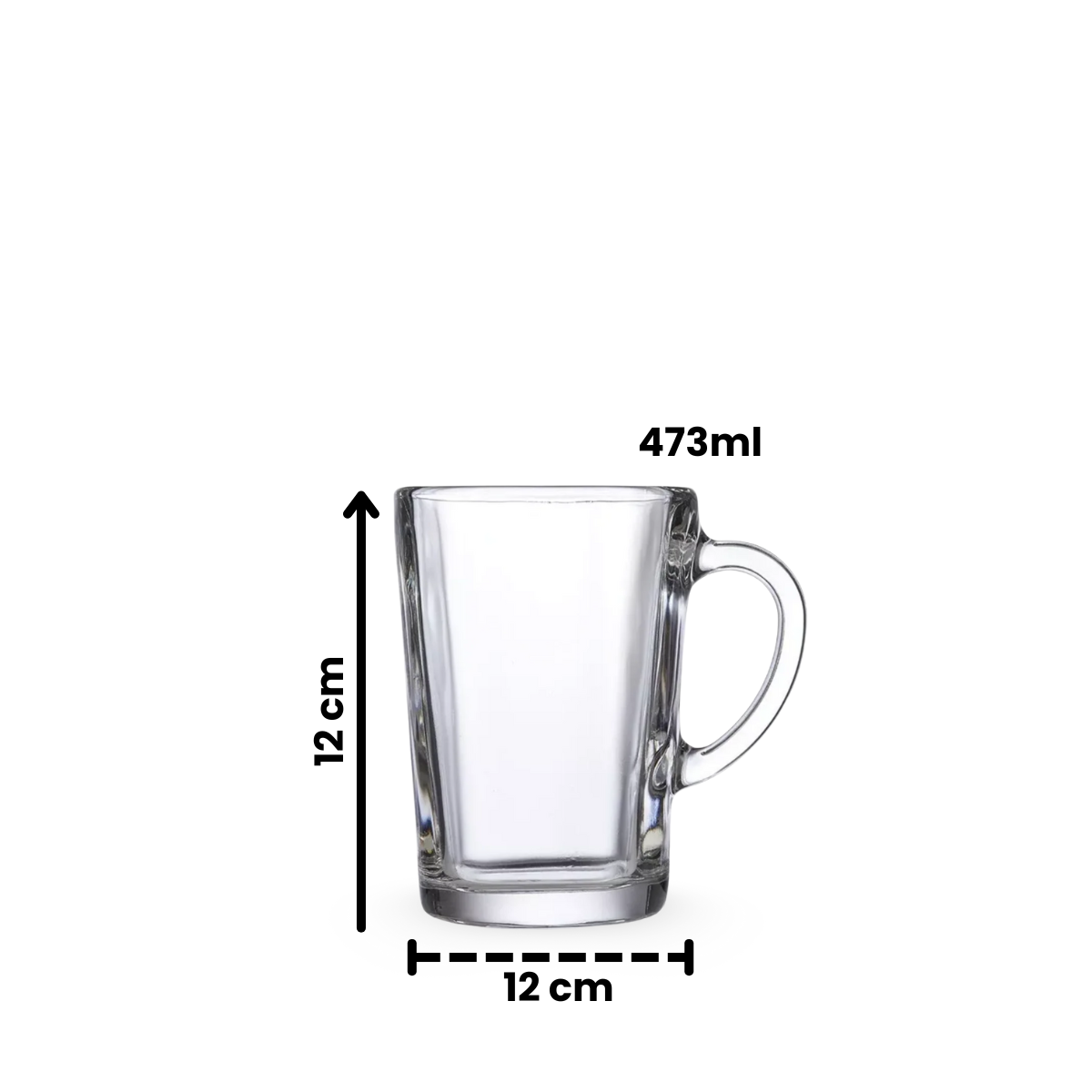 Taza de vidrio Quadro de 473 ml con medidas de 12 cm de alto por 12 cm de ancho, diseño resistente y elegante.