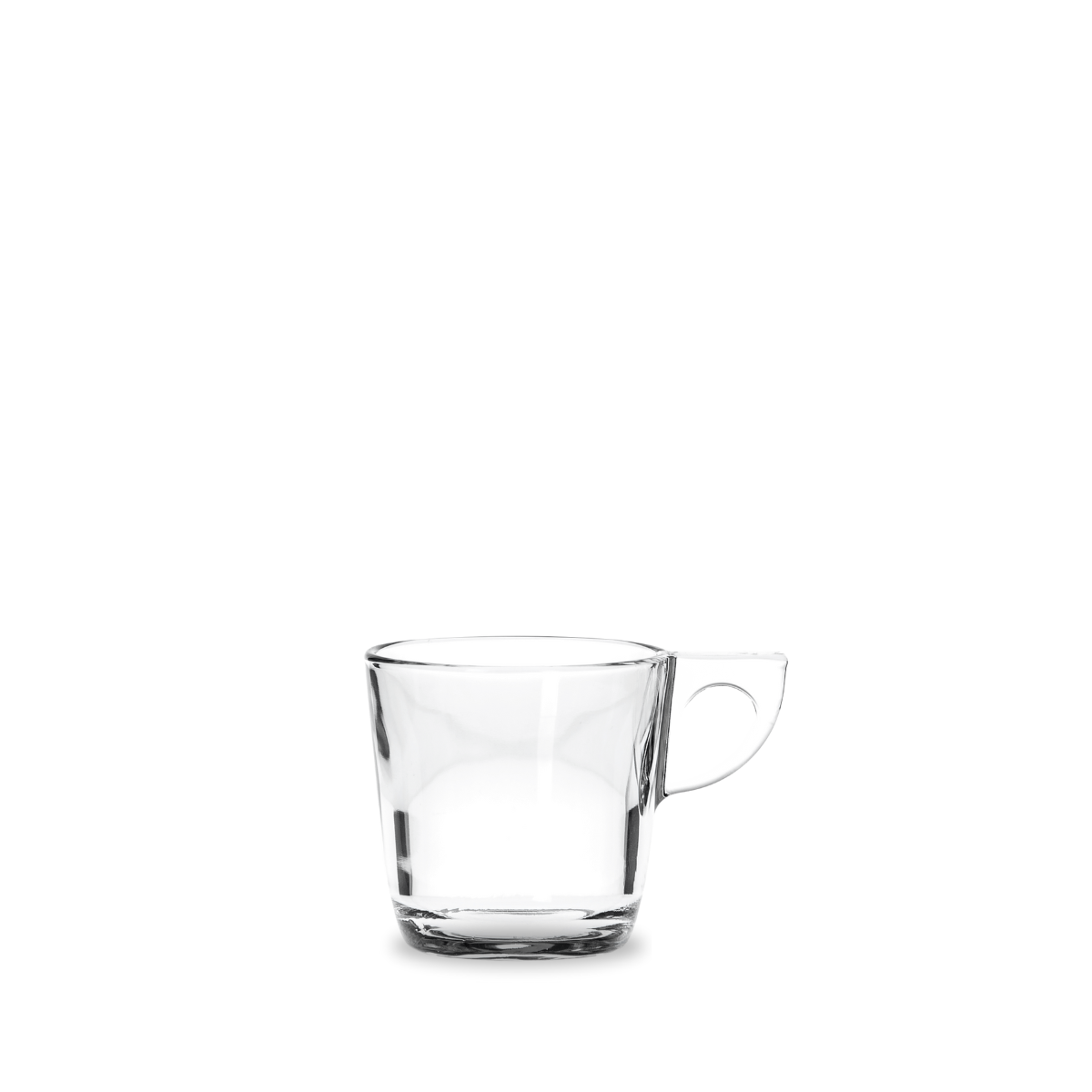 Taza de vidrio Alpi de 80 ml, tamaño pequeño ideal para espresso, con asa lateral moderna y minimalista.