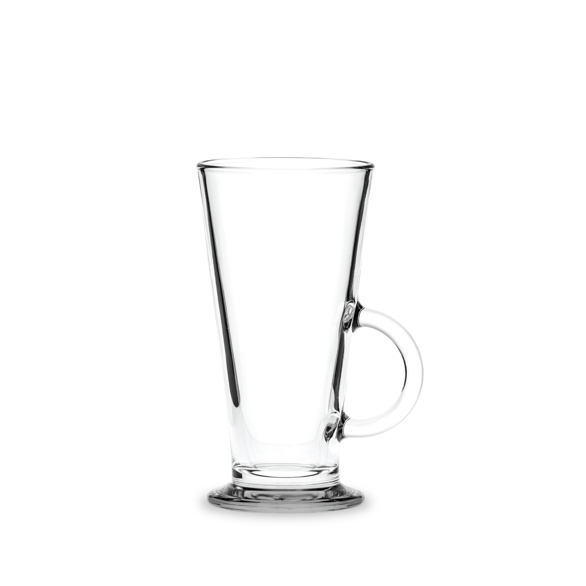 Taza alta Conic de vidrio de 280 ml, ideal para latte, mocaccino o bebidas calientes, diseño con base ancha estable.