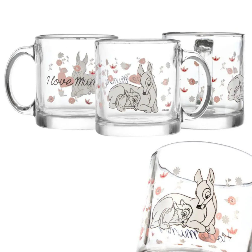 Tazas de vidrio Disney de 384 ml con diseño de Bambi y su madre, rodeados de flores.