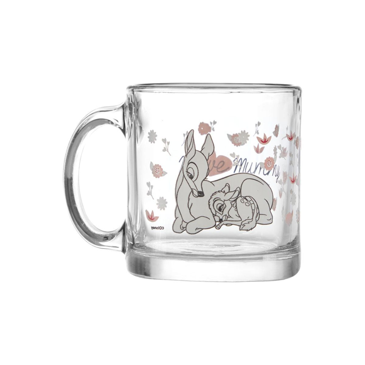Taza de vidrio Disney de 384 ml con diseño floral inspirado en Bambi y su madre.