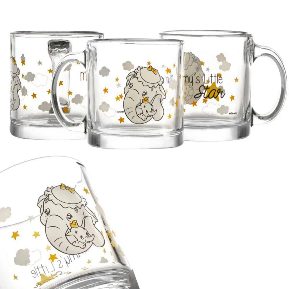 Tazas de vidrio Disney de 384 ml con ilustración de Dumbo y su madre bajo un fondo de estrellas y nubes.