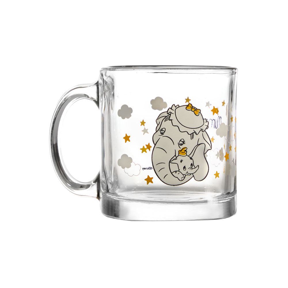 Taza de vidrio Disney de 384 ml con diseño tierno de Dumbo y su madre, rodeados de estrellas doradas.