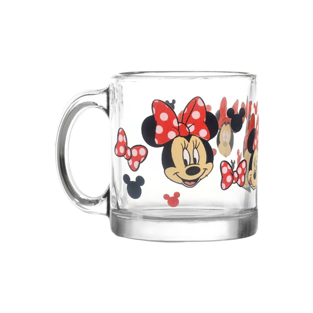 Taza de vidrio Disney de 384 ml con diseño de Minnie Mouse con lazo rojo y detalles clásicos.