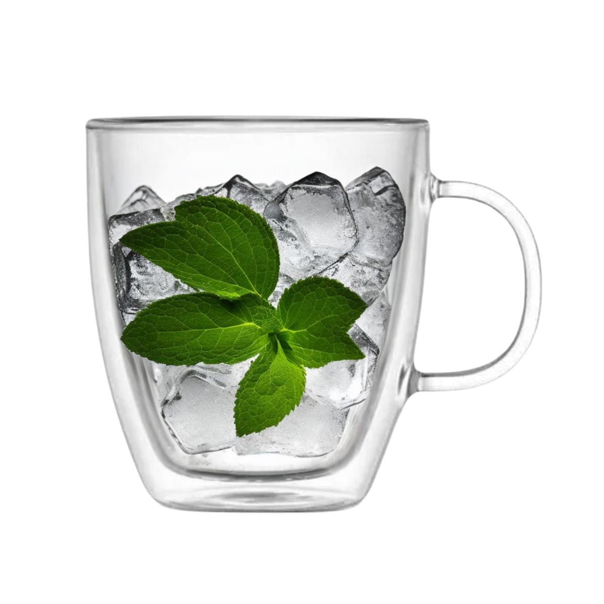 Taza de vidrio Doppio con hielo y hojas de menta, perfecta para bebidas frías gracias a su doble pared aislante.