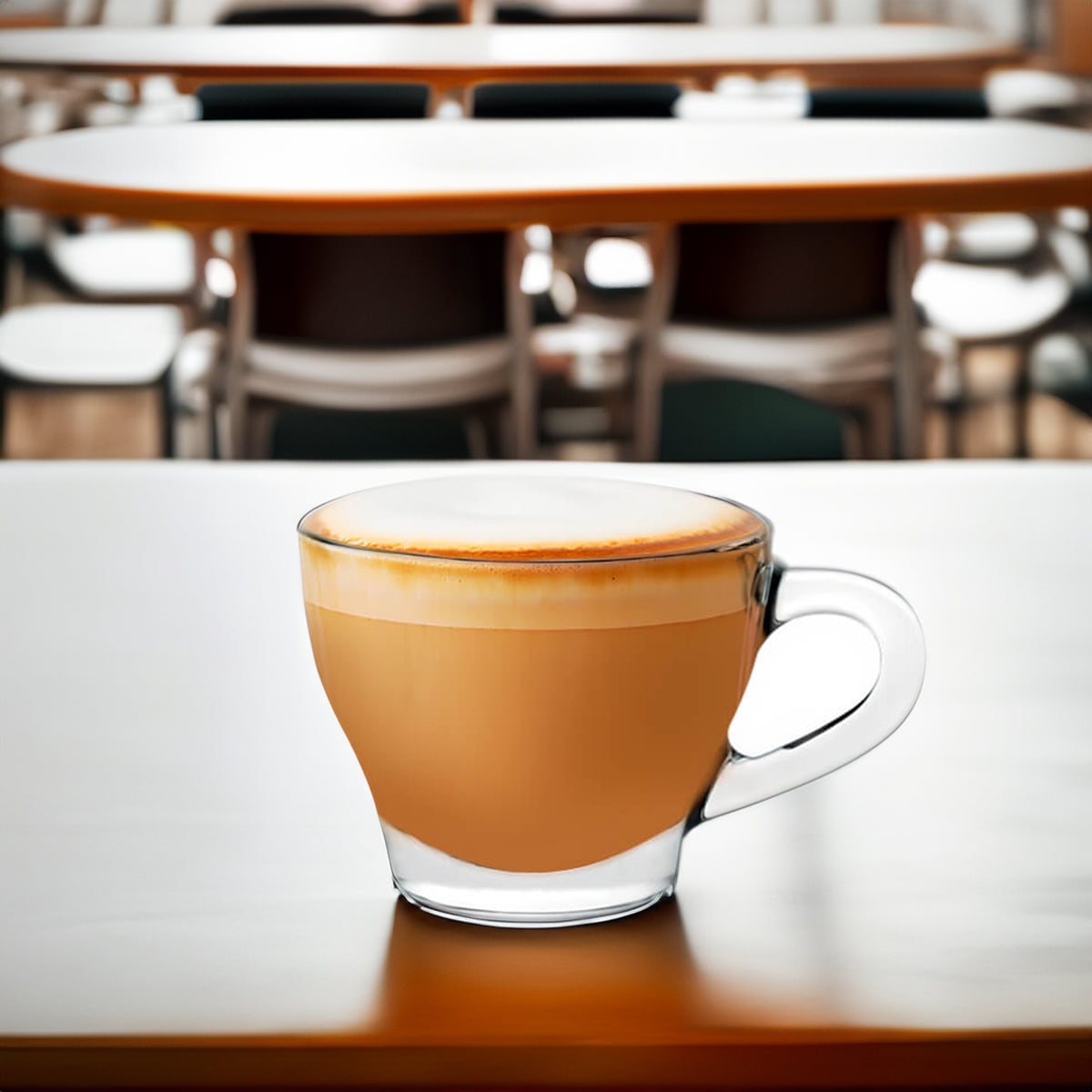 Taza de vidrio Ischia con capuchino servido sobre mesa de cafetería, perfecta para bebidas calientes.