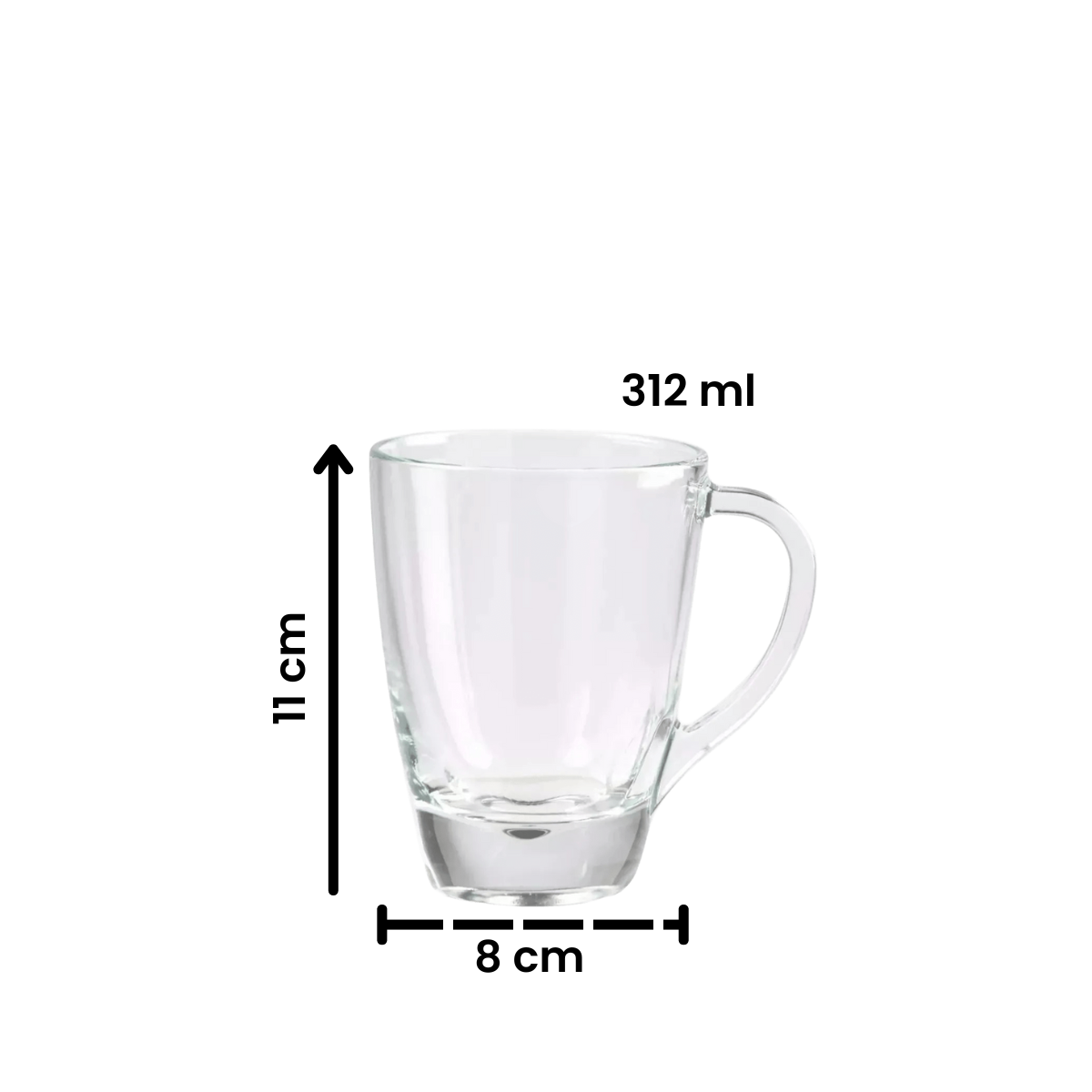 Taza de vidrio Pergamino de 312 ml con medidas de 11 cm de alto y 8 cm de ancho, diseño moderno y funcional.