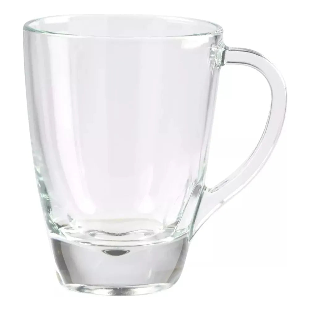 Taza de vidrio Pergamino vista de cerca, material resistente y acabado brillante ideal para bebidas calientes.