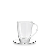 Taza de vidrio Pergamino con plato, diseño transparente y elegante ideal para café, té o capuchino.