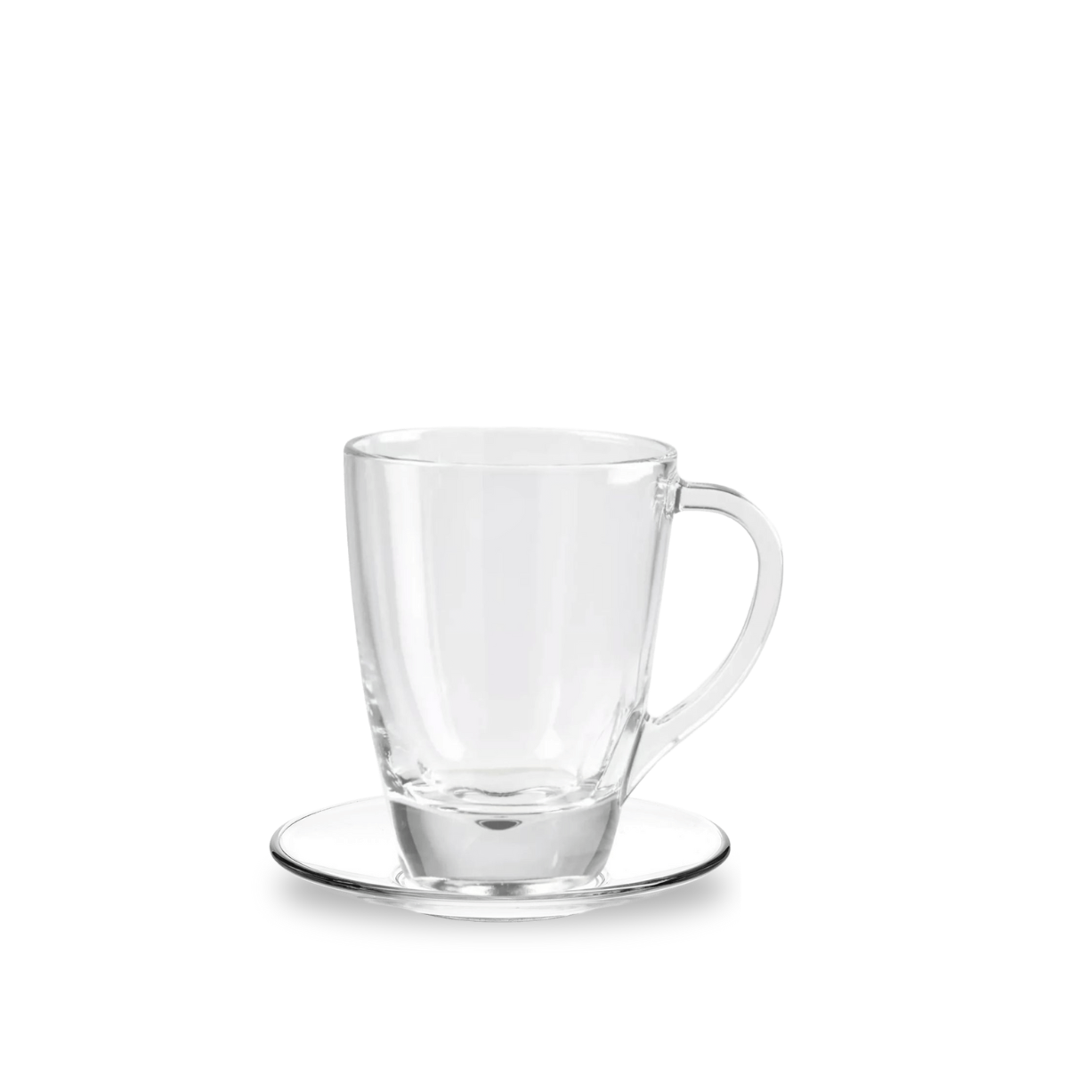 Taza de vidrio Pergamino con plato, diseño transparente y elegante ideal para café, té o capuchino.