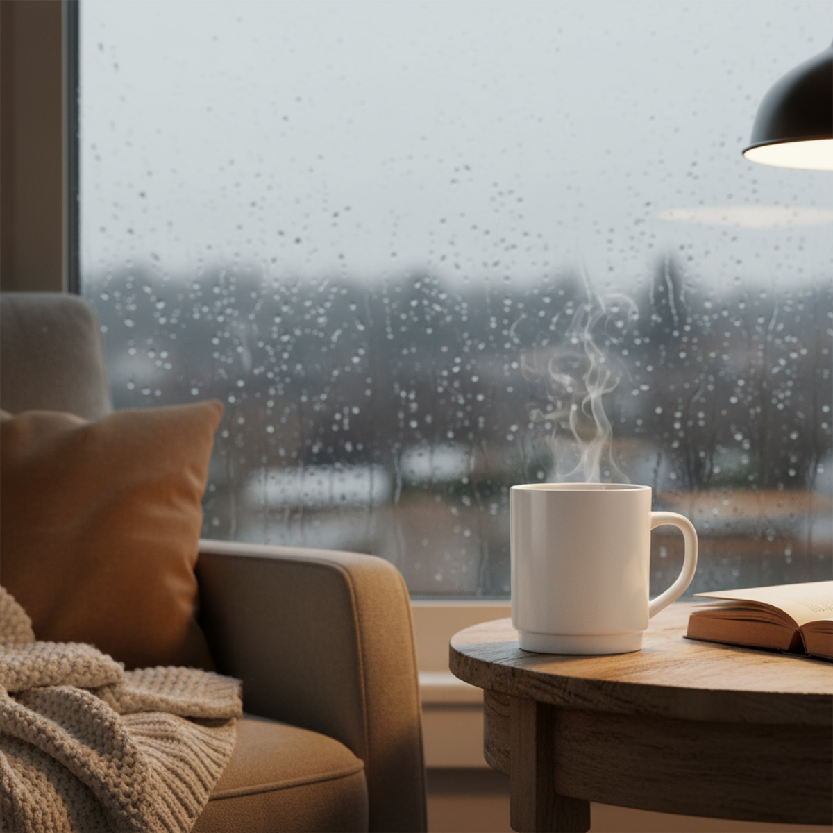 Taza Zelie de Opal Blanco con bebida caliente sobre mesa junto a ventana lluviosa.