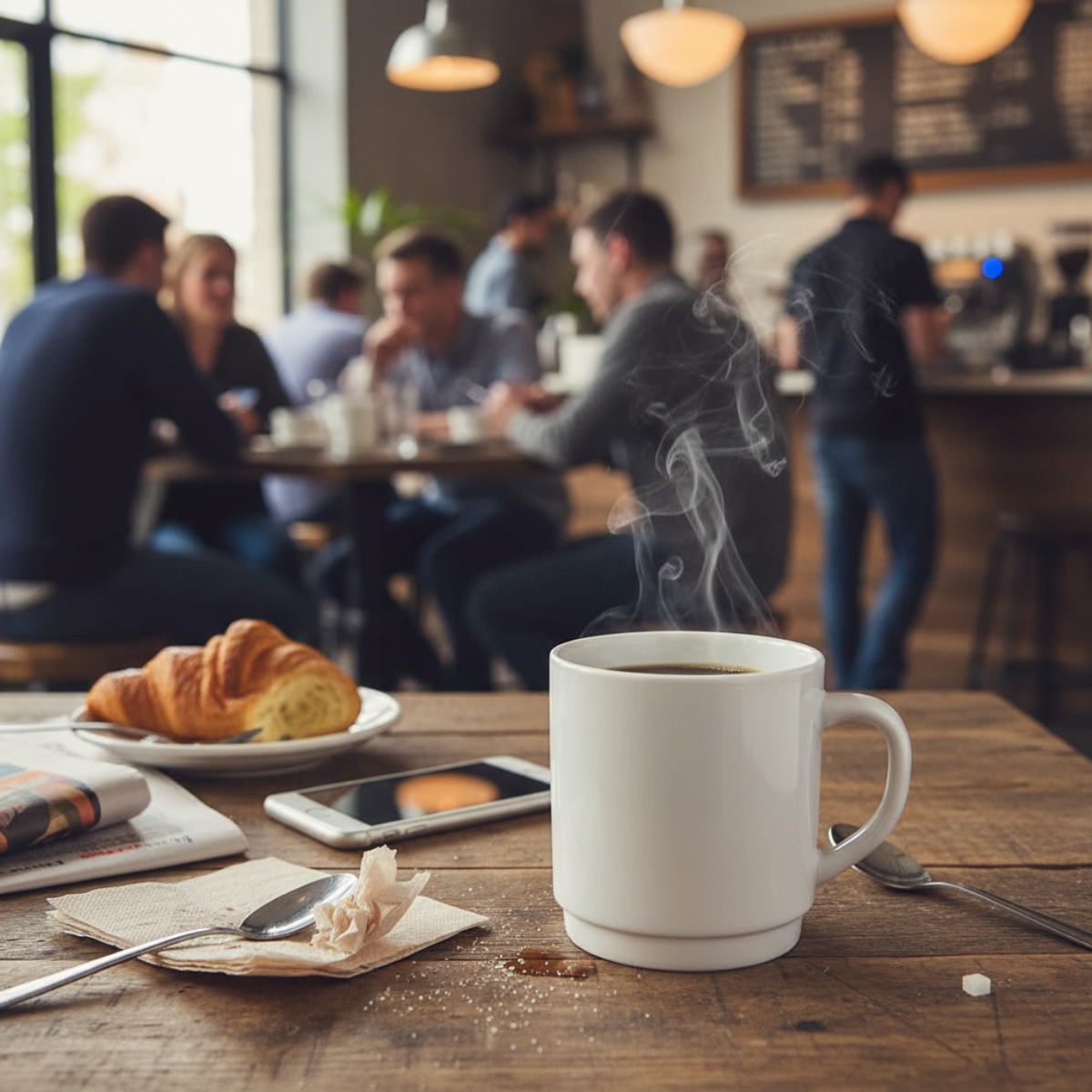 Taza Zelie de Opal Blanco con café sobre mesa en cafetería moderna