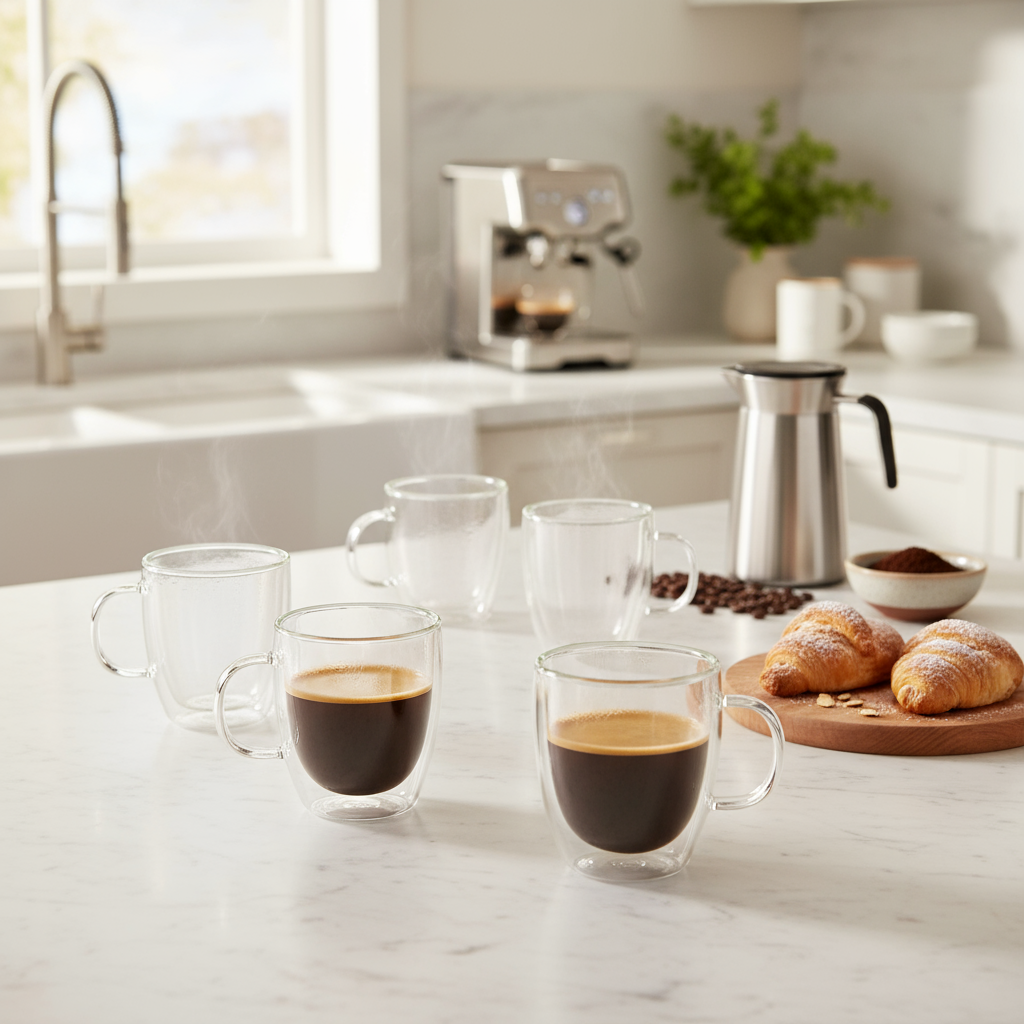 Tazas de vidrio doble pared Doppio con café caliente y croissants en encimera de cocina luminosa.