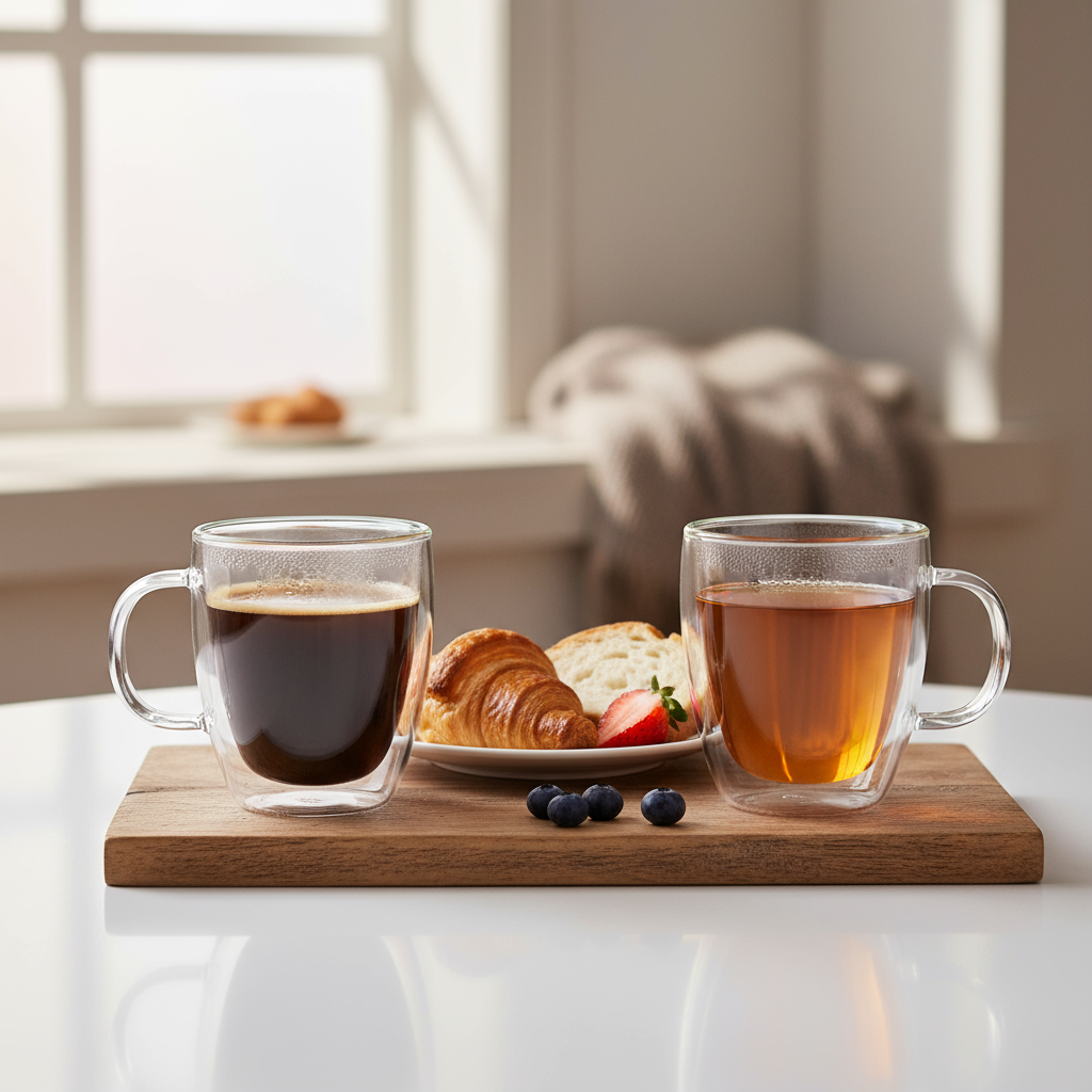 Tazas Doppio de vidrio doble pared con café y té sobre tabla de desayuno con croissants y frutas.