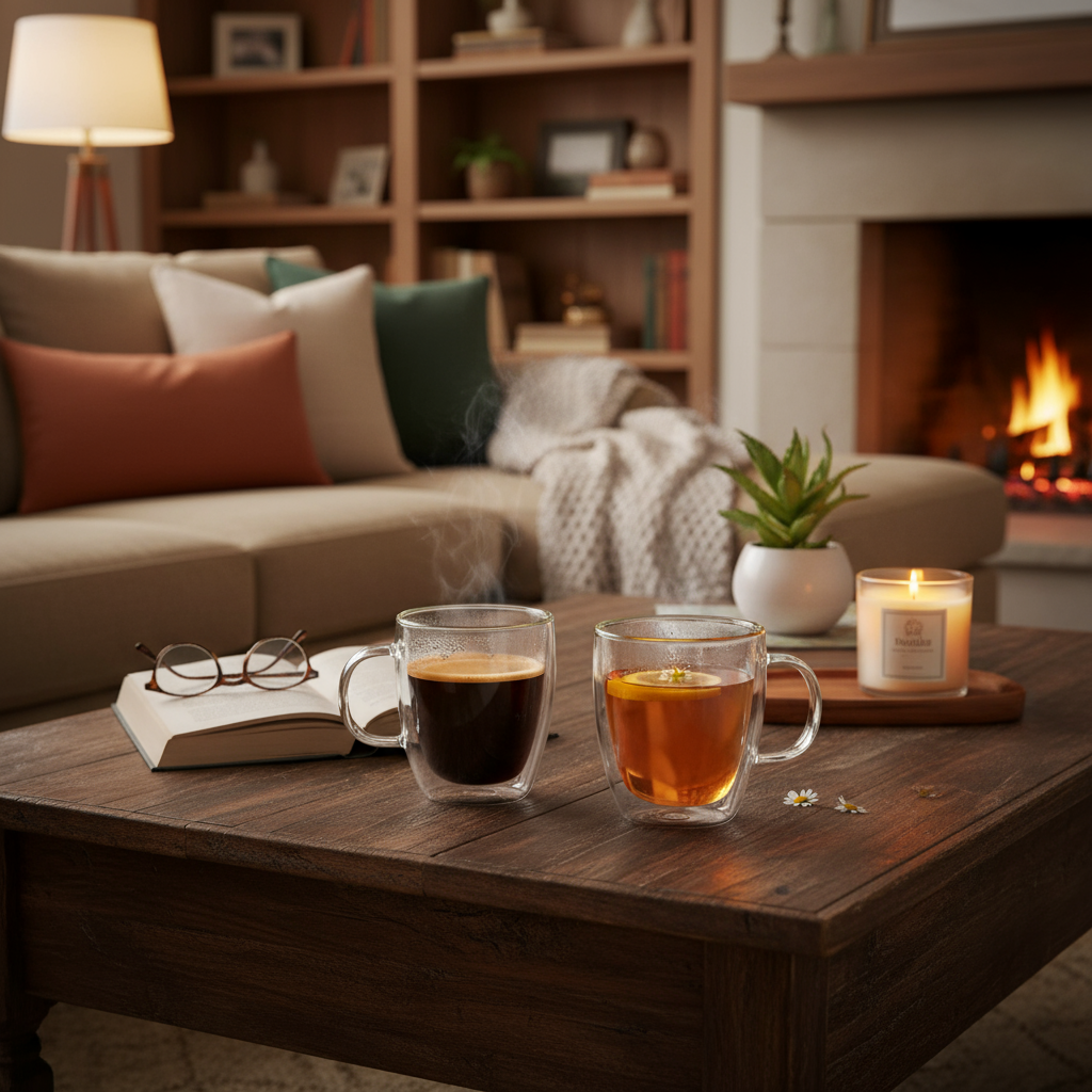 Tazas de vidrio doble pared Doppio con bebidas calientes frente a la chimenea en sala acogedora.