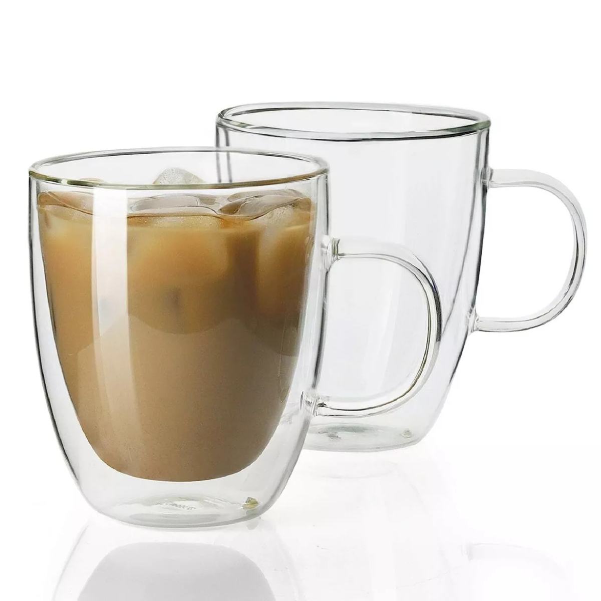 Tazas de vidrio Doppio de doble pared con café frío y diseño transparente, ideales para bebidas calientes o frías.