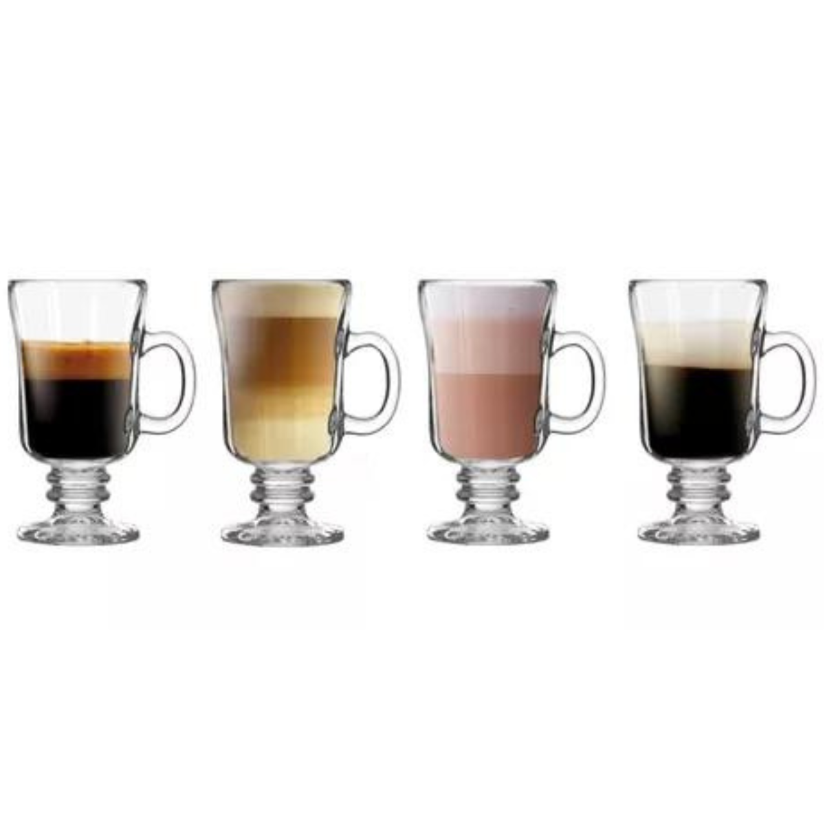 Set de tazas Irish de vidrio con distintas bebidas como espresso, chocolate caliente y capuchino.