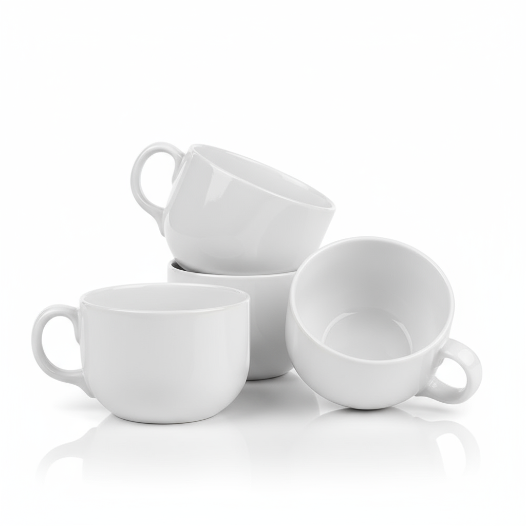 juego de 4 tazas jumbo de opal blanco apiladas, resistentes y elegantes para uso diario.