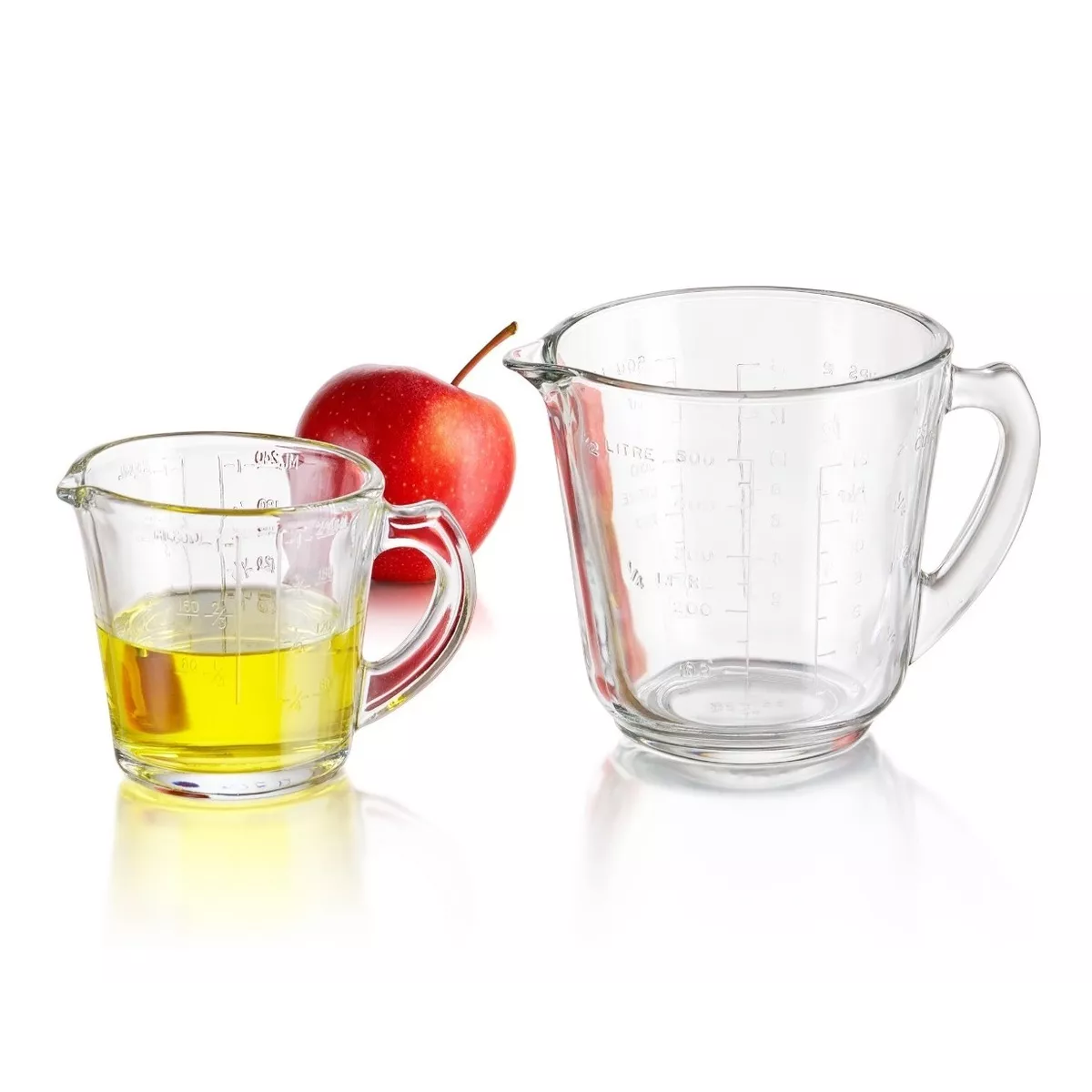 Juego de tazas medidoras de vidrio Pro Chef de 240 ml y 500 ml con mango ergonómico y pico vertedor.