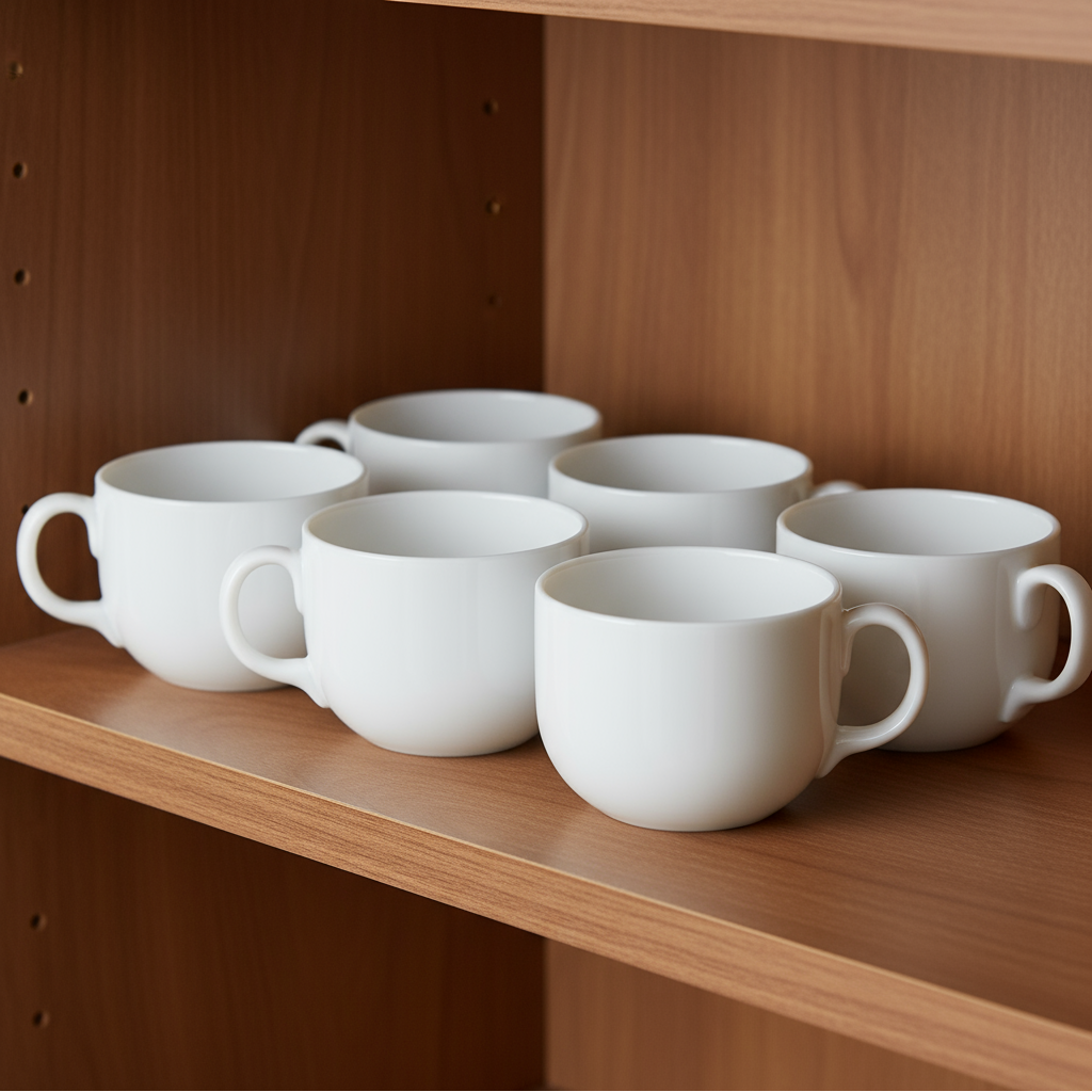 Juego de 6 tazas jumbo de opal blanco organizadas en repisa de cocina.