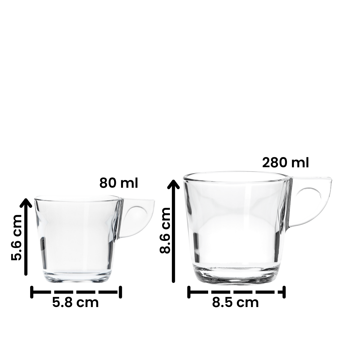 Tazas de vidrio Alpi con capacidades de 80 ml y 280 ml, diseño ergonómico y medidas visibles, perfectas para espresso y capuchino.