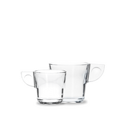 Juego de 6 tazas de vidrio Alpi de distintos tamaños con diseño moderno y asas amplias, ideal para café o té.