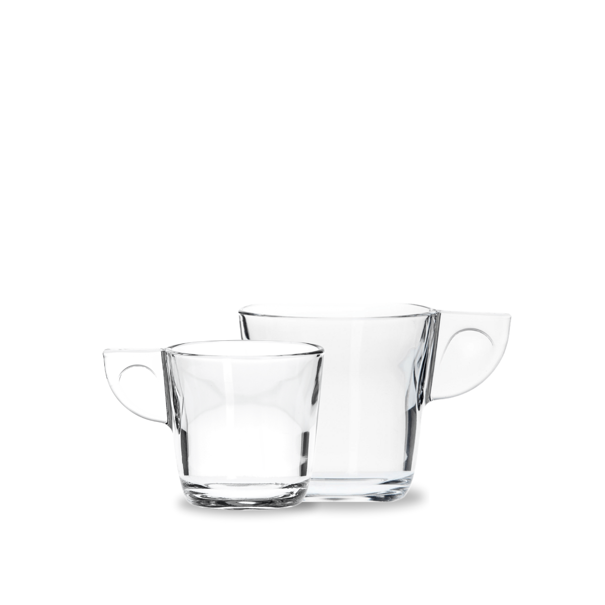 Juego de 6 tazas de vidrio Alpi de distintos tamaños con diseño moderno y asas amplias, ideal para café o té.