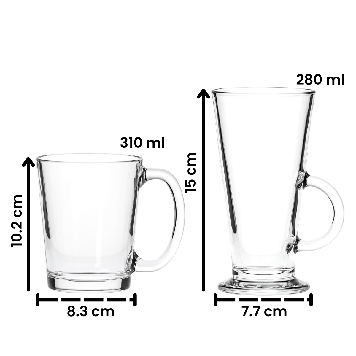Tazas de vidrio Conic de 310 ml y 280 ml alto con medidas detalladas, ideales para café latte y bebidas calientes.