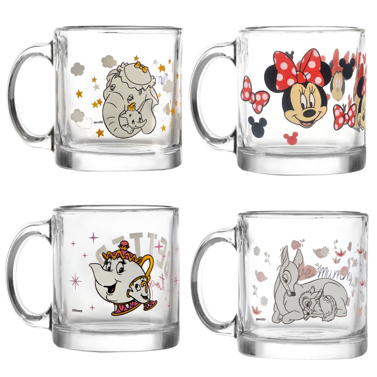 Cuatro tazas de vidrio Disney de 384 ml con diseños variados de personajes clásicos.