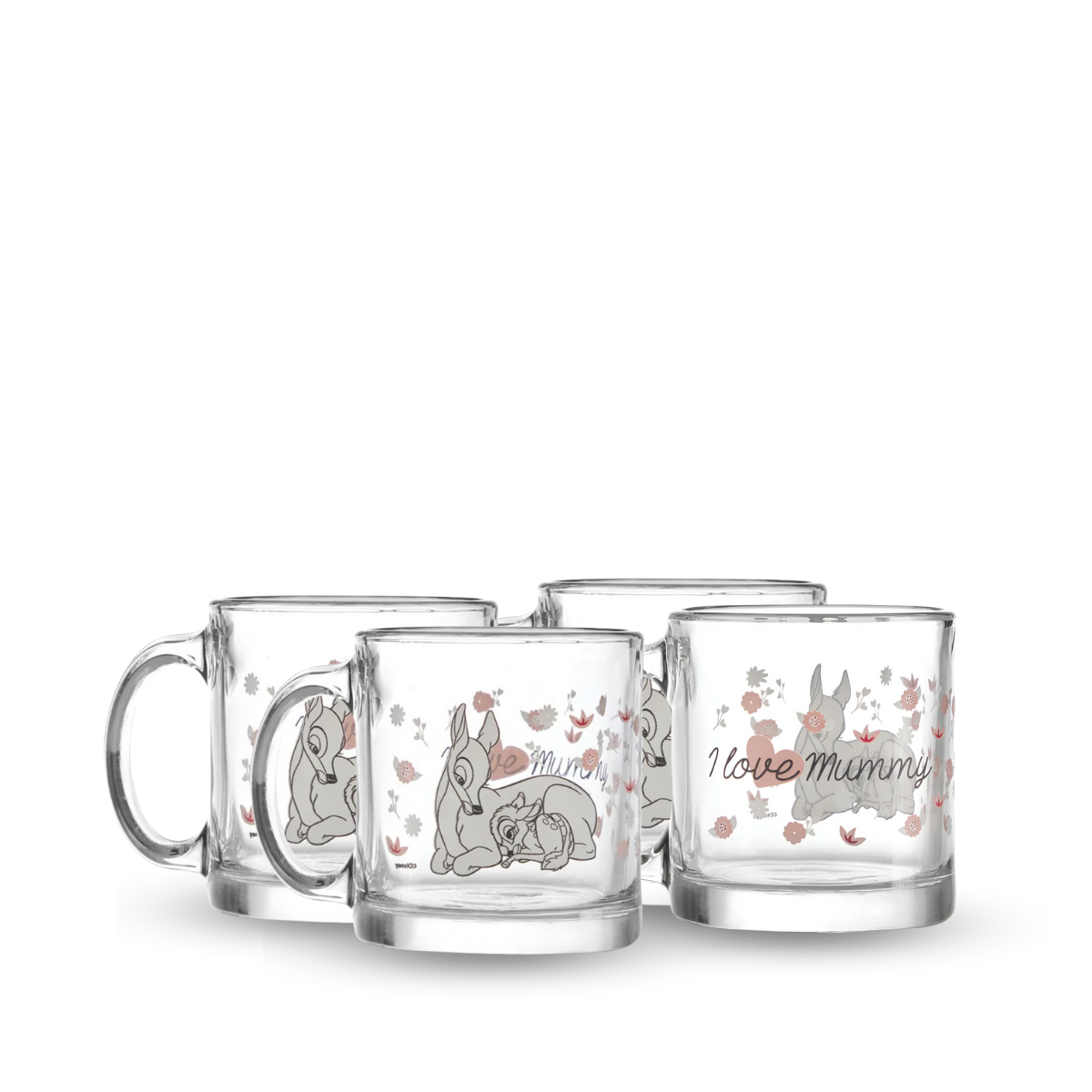 Set de 4 tazas de vidrio Disney Bambi de 384 ml, con ilustración de la mamá de Bambi junto a su hijo, perfectas para bebidas calientes o frías.