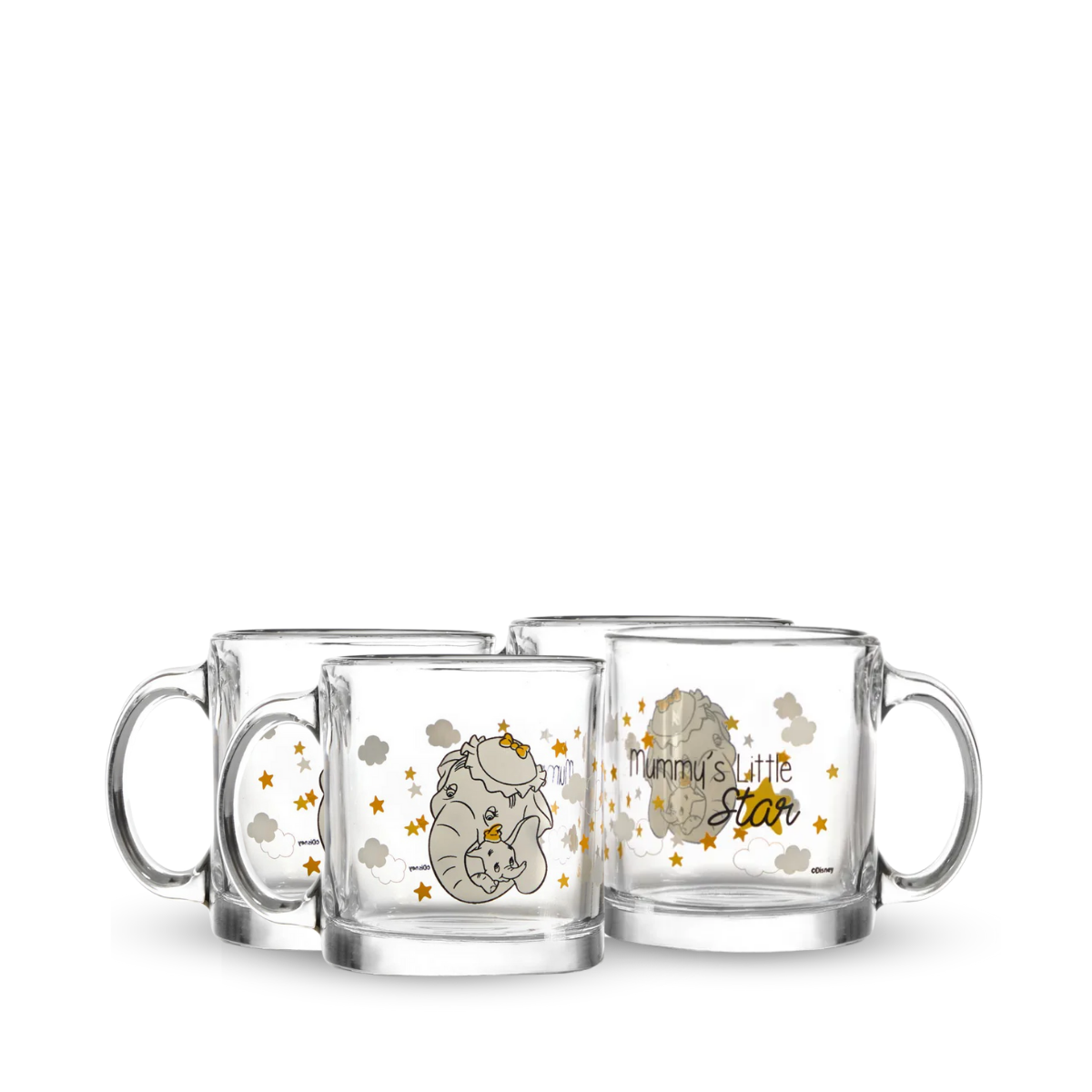 Juego de 4 tazas de vidrio Disney Dumbo de 384 ml, diseño con la mamá de Dumbo sosteniendo a su hijo con la trompa, ideales para café o té.