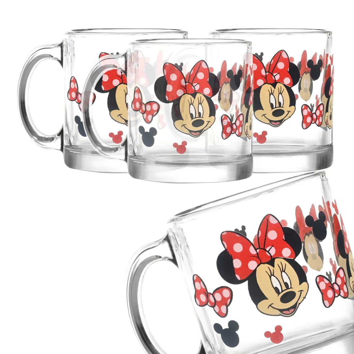 Juego de 4 tazas de vidrio Disney Minnie Mouse de 384 ml, dispuestas alrededor de un marco decorativo con temática Minnie, perfectas para exhibición o regalo.