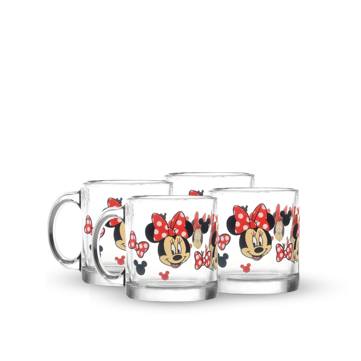 Set de 4 tazas de vidrio Disney Minnie Mouse de 384 ml, diseño con la icónica figura de Minnie, ideales para los amantes de Disney.