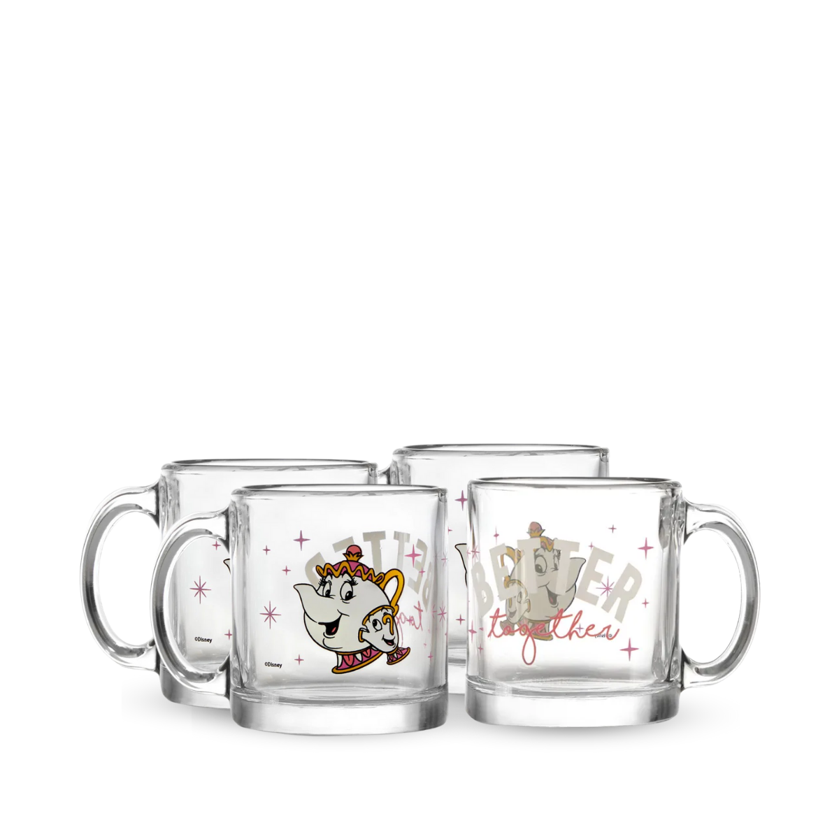 Juego de 4 tazas de vidrio Disney La Bella y la Bestia de 384 ml, con diseño de la Sra. Potts y su hijo Chip, elegantes y coleccionables.