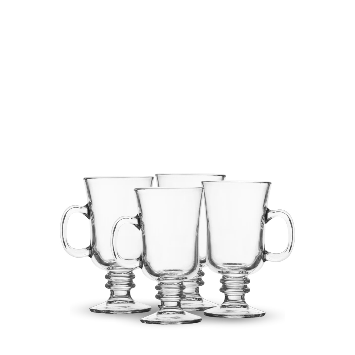 Set de 4 tazas de vidrio Irish de 250 ml con base elevada y diseño clásico, ideales para café irlandés, té o capuchino.
