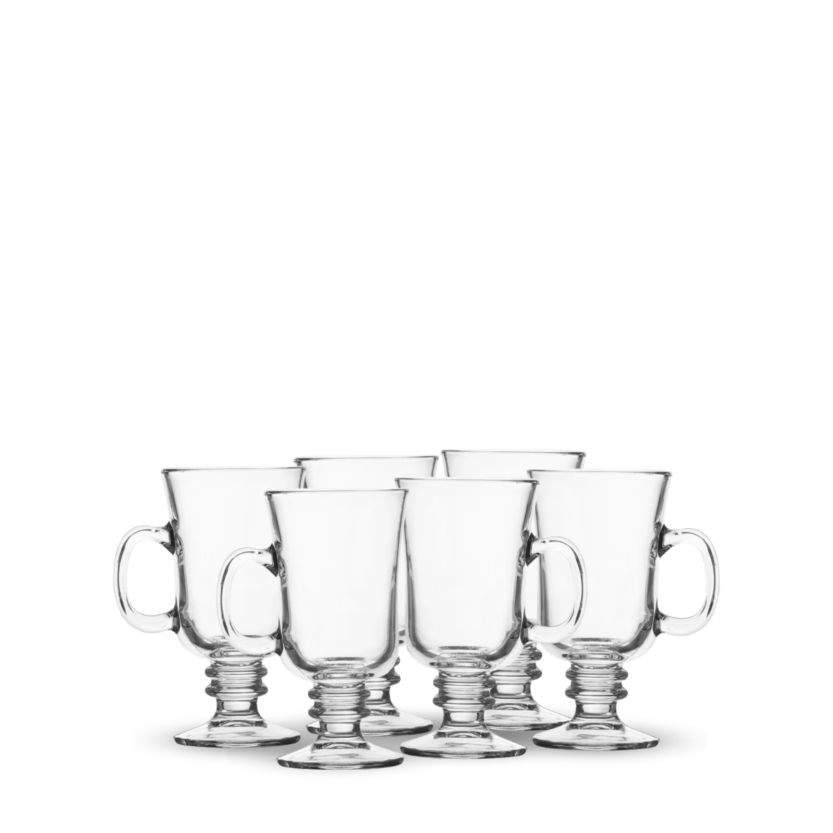 Juego de 6 tazas de vidrio Irish de 250 ml con asa ergonómica y base decorativa, perfectas para bebidas calientes y frías.