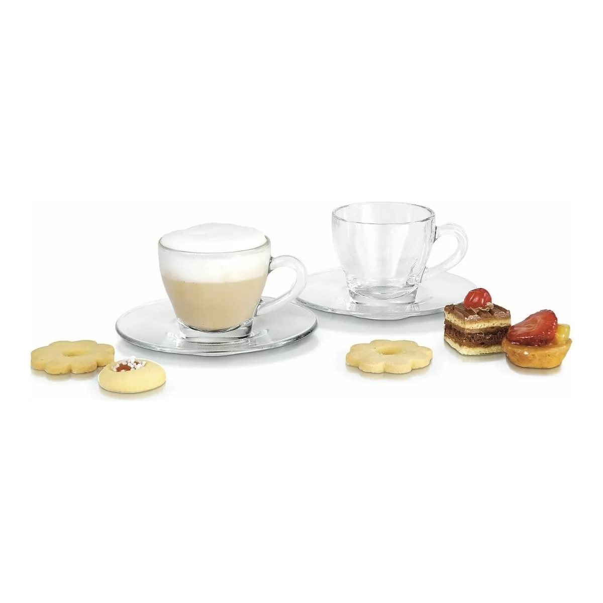 Tazas de vidrio Ischia con plato, acompañadas de galletas y postres, ideales para café o capuchino.