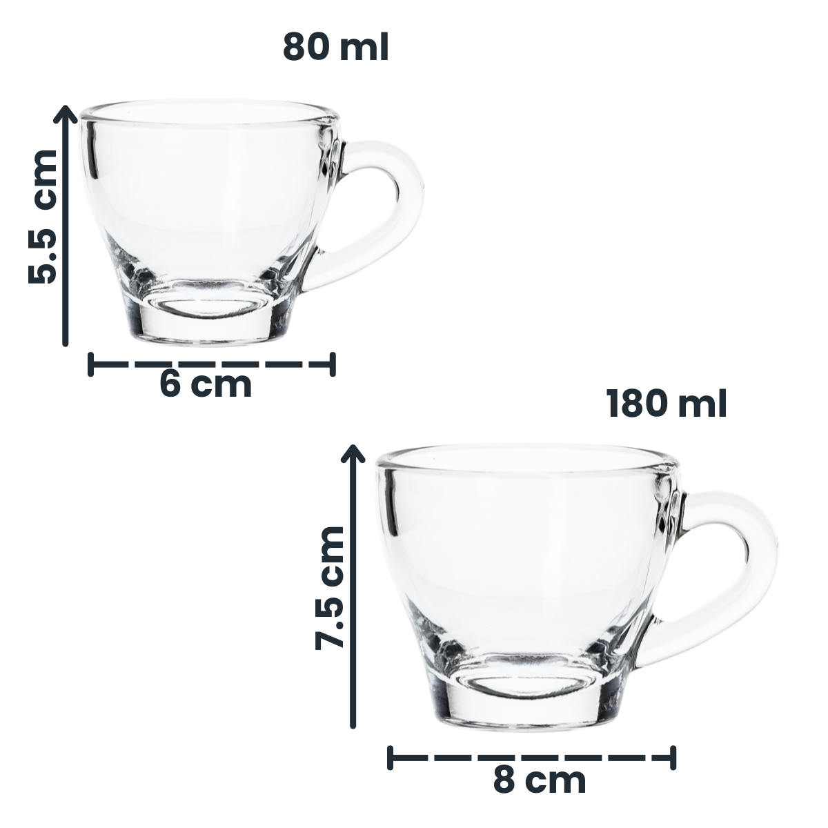 Tazas Ischia de vidrio con medidas de 80 ml y 180 ml, ideales para espresso y cappuccino, diseño elegante y resistente