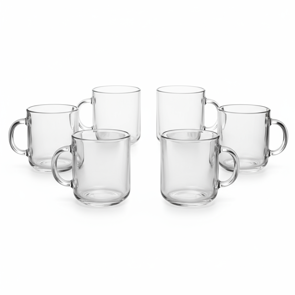 Set de 6 tazas de vidrio San Miguel de 374 ml con asa ergonómica, perfectas para bebidas calientes o frías.