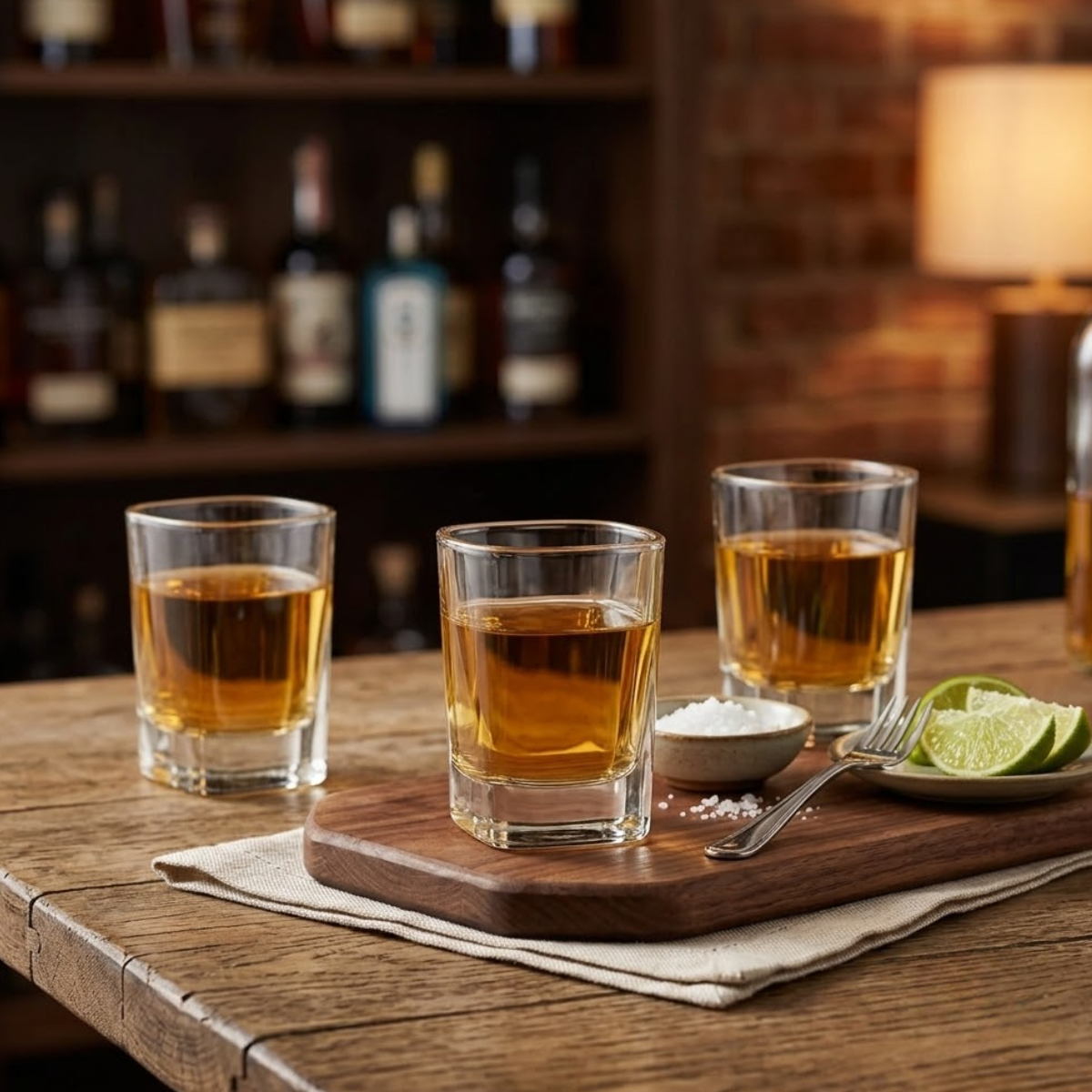caballitos de vidrio en ambiente de una sala para mezcal ron o tequila estilo geometrico moderno